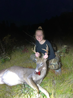 Kara Sterner of Macomb bagged her 8 point in Oscoda!  I have been hunting since 2014 and never had a buck come into the stand I was hunting. This hunting season while I was hunting I seen a big doe that I was set on getting with my crossbow and as I was waiting on her to turn the corner from behind the tree, I happened to see antlers and immediately got prepared to shoot. I thought he was a 6 point but when I tracked him, I found out it was actually an 8 point. Iâm beyond happy that this was my first buck and deer ever shot!