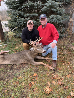 Eric Rose of Tawas City gets a nice Iosco County 10 point!  Sharing the hunt with my Dad!  Saw the buck on trail camera on 11/14. Then nothing on opening day. The evening of the 16th I watched 3 hot does being chased by spikes, then the big one stepped out of the woods. By the time I got the gun up, he was gone. But I then saw him walking thru the trees. Next opening I shot and he ran right towards me and dropped 25 yards from where I sat. The biggest buck I've ever shot!