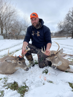 Marcus Doan of Tawas City Bagged a 7 & 8 point in Gratiot County!   Shot both deer 11 minutes apart on the second morning of firearm session.