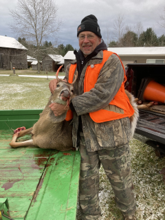 Tony Schalm of East Tawas Bagged his 4 point in Tawas City!  Was hoping to get one of several larger deer showing on my trail cam, but this one came in 1st thing and stood broadside giving me the perfect shot. Didn’t even have a chance to drink my coffee and eat my donut holes!