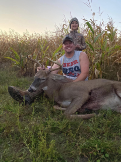Ryan Polega of Ruth with his 8 pointer!   Had seen 2 bucks and 11 does prior to him making his way into the food plot at 5:15pm. He gave me a perfect 17 yard broad side shot, he ran and piled up in the middle of a standing corn field (made for a fun drag). My daughter did a great job tracking her first deer on her own!