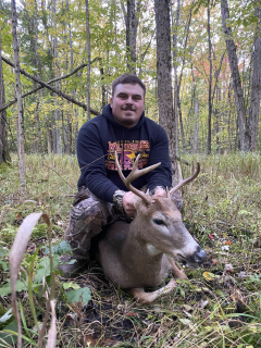 Michael Luberda from AuGres bagged his 8 point!  Got in the stand late at 5:00. Deer moving instantly. He showed up at 5:42. Took him with my Darton Veracity 35. Double lung shot. 25 yards.