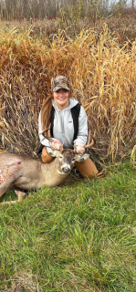 Whitney Rollins from Au Gres bagged a 9 point Arenac County!  I've been watching this buck since October 1st. He has been mostly a midnight buck until about 5 days ago so I took off 3 weeks of work in hopes to bag him. I finally saw him the morning of 11/04/2023, and he was stalking/mating with a doe. He was about 100 yards so I just video taped him. That evening, I saw a doe run out of the woods so I got my Ten Point crossbow ready in case there was a buck. 5 minutes later this 9 point came jogging out so I bleeted multiple times for him to stop. He finally slowed about 30 yards from me so I took a shot. He ran another 90 yards and collapsed. This is my biggest buck to date. 9 points with an additional sticker & 18.25 inches wide. I want to thank my dad and husband for helping drag and gut. I will be getting a European skull mount done with him and giving all the meat away to help another family. 