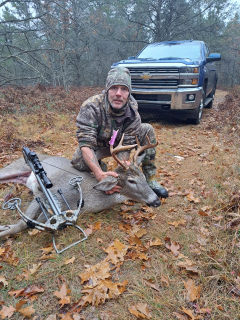 Andrew Prouty from Greenbush Bagged his 8 point in Alcona County!  Shot this dandy at 9:15 a.m. he was in rut and on the trail of a hot doe, so he thought lol he came in just as i was starting to get cold and thinking of heading out i seen movement coming from the east of me and there he was in all his glory, head down and on the move. I had little time but managed to fire a shot off at him. Entrance wound was flawless thanks to my darton rebel crossbow. The exit wound however was toward the belly of this amazing swamp donkey and allowed for great blood but a slow kill. I followed the blood trail for about 75 yds in a circle. Ended up behind my stand about 60 yds and when i came up on him he was still alive! I bumped him. I then slowly made my way out of the woods to let nature take its course for about 2 hours and came back with reinforcements. I picked up where i left off and when i found this beauty my heart skipped a beat because this was my first trophy buck from this spot of 17 years hunting it soley! It was a very exciting hunt and I'm still in afterglow! Thank you mother nature for producing such a tasty animal for me to harvest and feed my family with!!! Couldn't be more happier.