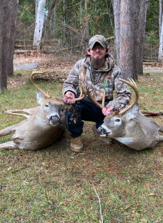 Jacob Tidball from Tawas City Bagged Two 8 point Bucks in Iosco County!   I was sitting in my tree stand watching some does in the field in front of me when the 8 point on the left come walking out in front of me. I took aim and let the arrow fly. I waited about forty five minutes before getting down so I didn’t startle the does still around. Just when I was about to get down the second 8 point come walking out and I let another arrow fly. First time tagging out in the same night with a crossbow. 