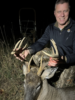 Steve King from Rockford bagged a nice ten point in National City!  Have been after him fir a couple of years and he finally showed up on my camera by my stand, twice, on Nov 14 during the day. When he came to the trails edge, I knew it was not the 4pt I saw 45 minutes earlier but guessed it was either an 8 or 10 I had seen on camera this fall. He put his head down, took a couple of steps and turned slightly to the left. One shot with my 300 savage dropped him in his tracks!
