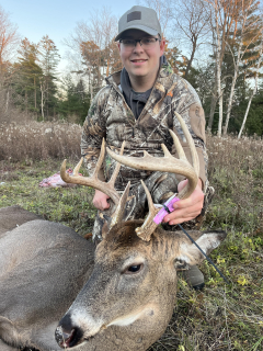 Devon Mills from Oscoda bagged an 11 point in Alcona County!   Never had this deer on any of my cameras and it came in chasing a doe! Luckily I was able to get a nice shot on him and he dropped.