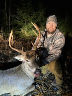 Eric Chrzan from Alpena bagged an 8 point in Alpena County!  He walked straight out from the woods right at me around 5pm. I made a quick decision as he turned to the left and go into the tree line. My heart didn’t even have time to beat. He appeared for about 10 seconds. Took and shot and thought I missed. I waited a bit in my blind, which was very hard. That’s when my heart start beating. I walked out there didn’t see any blood called for help. When the help came they walked right into the woods and said there it is I had a lot of relief then lol.   The Biggest of My Hunting Career! 