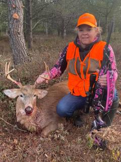 Carole Sheehan from Whittemore bagged her 8 point in Alabaster!  My husband and I had just got into our blind and were talking and we looked up an my husband said there’s a deer!I reached for my binoculars and he said “get your gun! So I pulled up found him in my sights and shot. He dropped right there! My 350 Legend which I have never shot a deer with, did the job! 