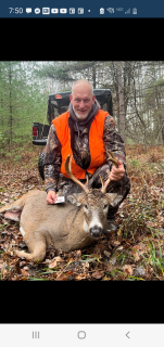 Jack Kulick from Oak Park bagged his 8 point in Ogemaw County!   He was chasing a doe spoked her to me she turn away as he came around some pines looked right at me. Then I shot him, ran about 90 yards.
