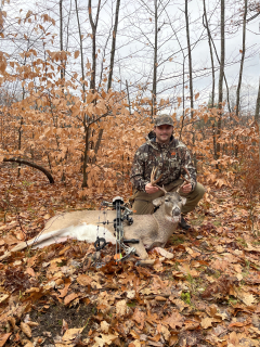 Joe Bacci from Romeo bagged his 8 point in Lincoln Michigan!   This deer was taken at Lost Lake Woods Club in Lincoln MI. It was a rainy morning. The forecast was originally supposed to stop at 7 am, but it was 7:42 and it was still raining. Checked the forecast and it was now it was supposed to stop at 9 am. Figured I’d sit for a bit longer and then call it a day. I stood in my saddle and a few minutes later this guy walked up behind me. He caught my ground scent and started to trot straight away from me. I grabbed my bow real quick and pulled back. I got him in my sight and grunted at him. He snapped around and a beautiful broadside shot was taken. Second deer of the season. Second archery deer ever. Amazing season for me and I’m happy to get back into the woods more often. 