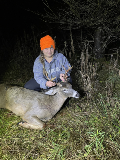 Jennifer Beauchamp from Oscoda Bagged her 8 point in Harris Township!  : Only saw two deer all day. I passed up a 6 point. This guy was looking for a doe. I only had a neck shot and dropped him right there.