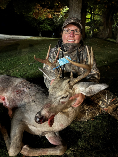 Lynn Shultz from Posen bagged a nice 8 pount in Presque Isle County!  This guy popped out of the woods at 7:29PM. I was uncertain about taking the shot so close to the end of legal hunting hours, but he kept coming towards me. He stopped and gave me the perfect shot at 20 yards; I took advantage of the opportunity, and I am so glad I did!
