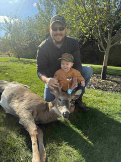 Jacob Felske from Auburn bagged a 5 point in Auburn!  I was feeding my daughter when I looked outside and saw 3 small bucks pushing a doe. I ran outside an grunted. One came running in, 50 yard shot. Ran 50 yards and fell over
