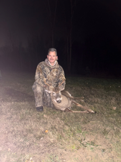 Brian Rang from Midland bagged his 8 point in Midland! Was watching three doe and this buck came out and I got ready and in position? He crossed the ditch and as soon as he moved his front foot I took the shot. Didn’t run far at all!