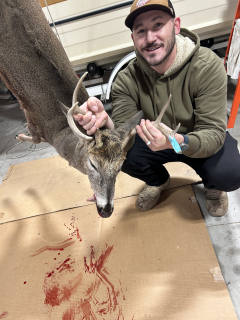 Andrew Marut from Pinconning bagged his 7 point in Rose City! I promised myself I would hunt until 5pm. I looked at my phone to check the time, and it was 4:55. I set my phone back down to keep my promise. I looked up and there’s a doe standing in my shooting lane. A few seconds later, a buck came running in grunting and acting crazy. He started tearing up the ground with his rack, stepped into the shooting lane, and I got him! 5pm on the nose!